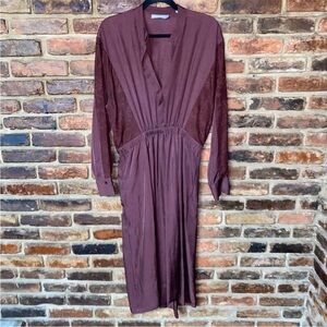 VINCE Mixed Media Midi Long Sleeve Lace Dress Black Cherry Red Small Silk Blend